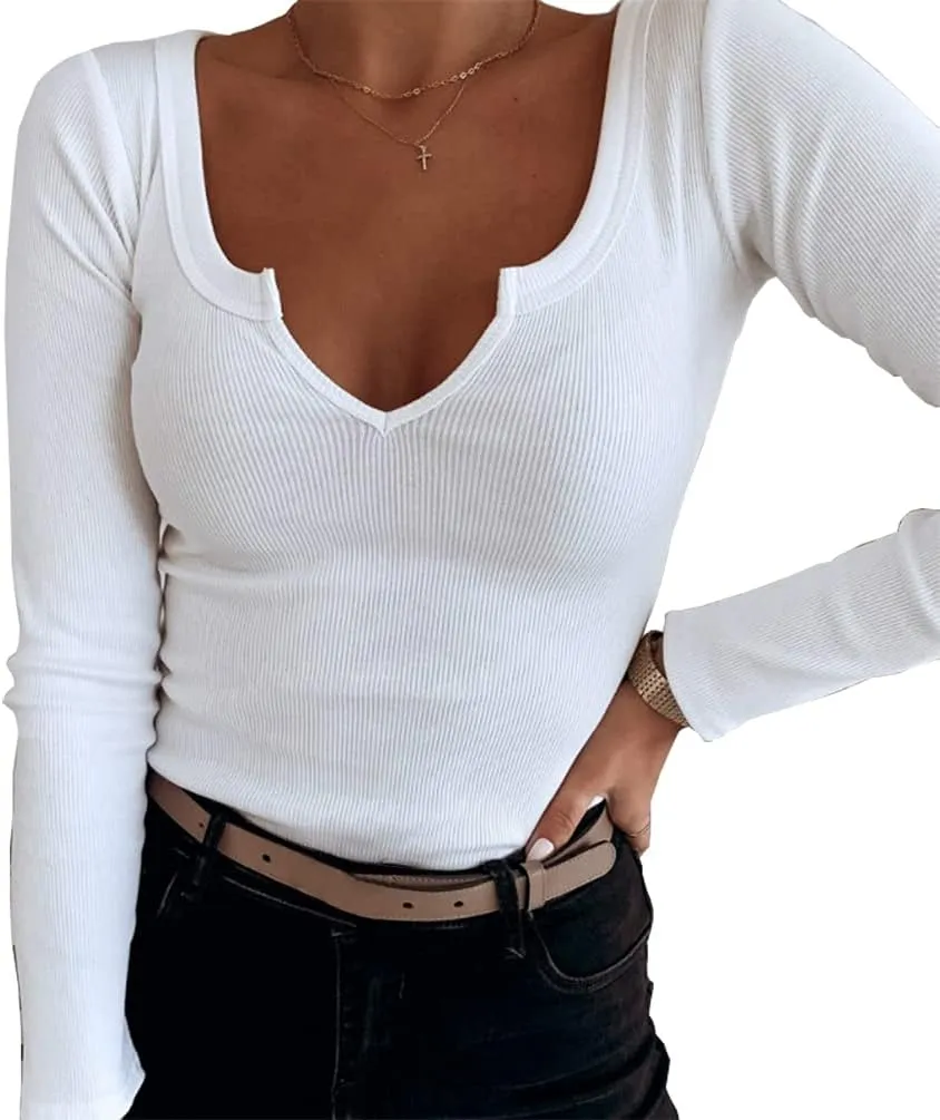 Roselux Women V Neck Ribbed Long Sleeve Shirt Fitted Basic Slim Knit Top