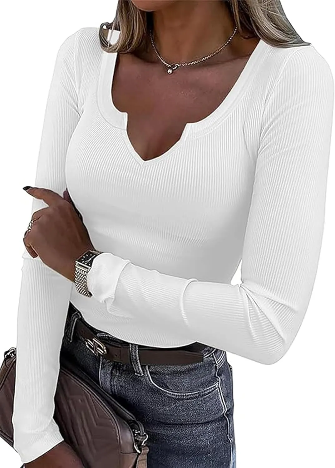 Roselux Women V Neck Ribbed Long Sleeve Shirt Fitted Basic Slim Knit Top
