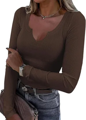 Roselux Women V Neck Ribbed Long Sleeve Shirt Fitted Basic Slim Knit Top