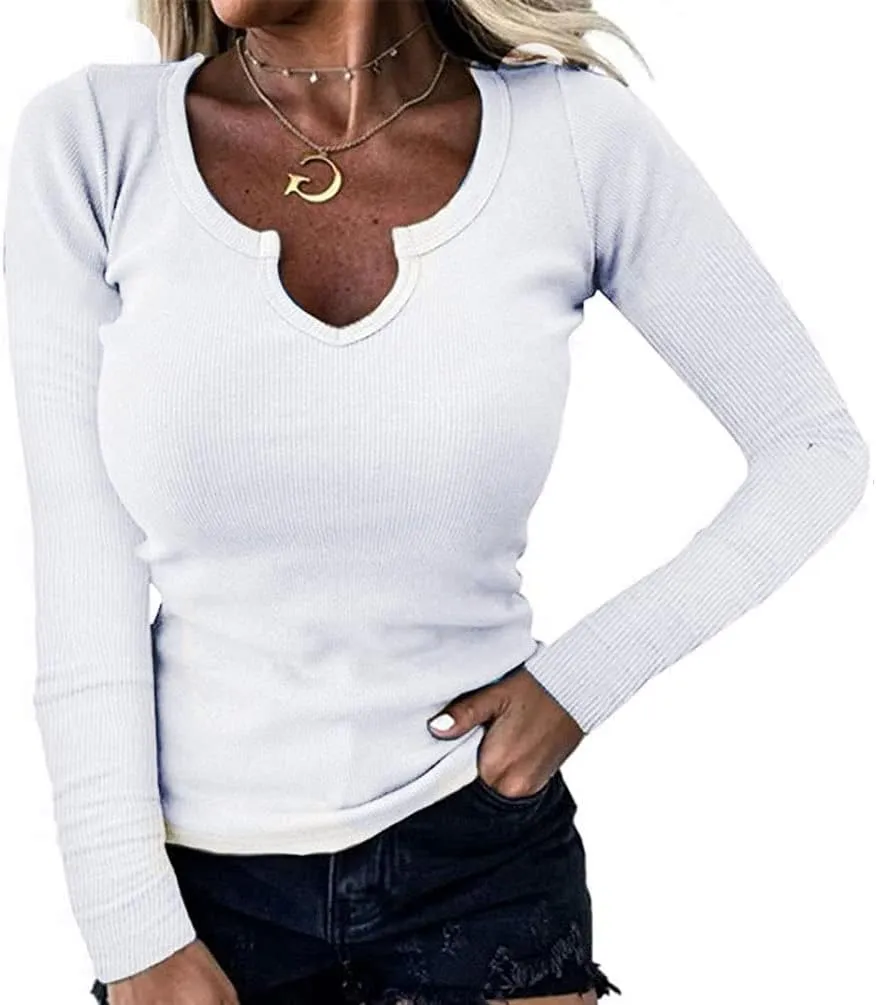 Roselux Women V Neck Ribbed Long Sleeve Shirt Fitted Basic Slim Knit Top
