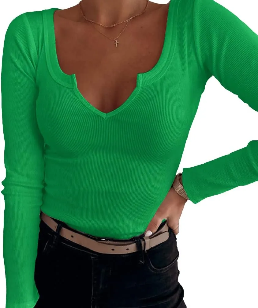 Roselux Women V Neck Ribbed Long Sleeve Shirt Fitted Basic Slim Knit Top