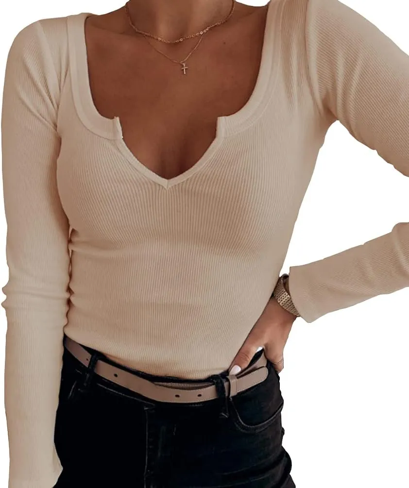 Roselux Women V Neck Ribbed Long Sleeve Shirt Fitted Basic Slim Knit Top