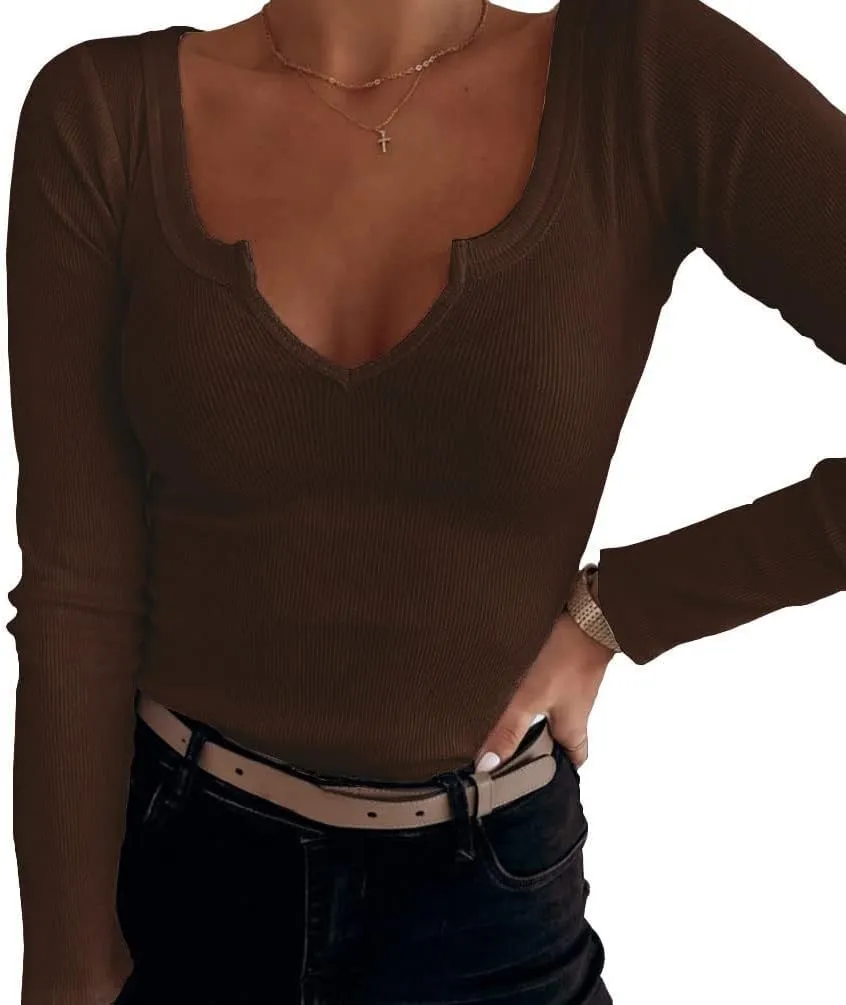 Roselux Women V Neck Ribbed Long Sleeve Shirt Fitted Basic Slim Knit Top