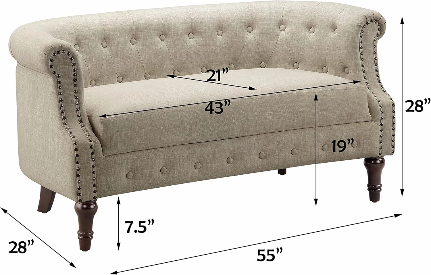 Rosevera C18-1 (1-B) Garner Chesterfield Settee Loveseat, Beige