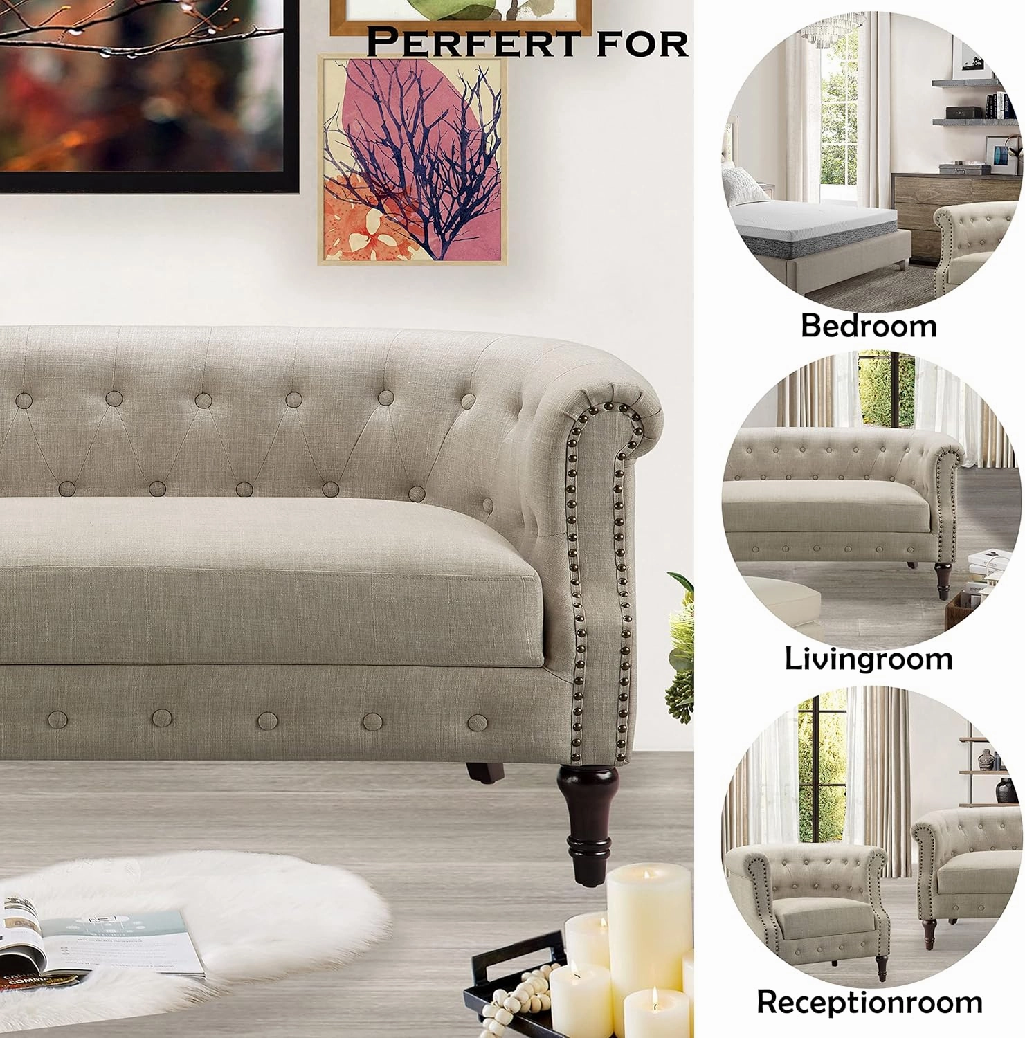 Rosevera C18-1 (1-B) Garner Chesterfield Settee Loveseat, Beige