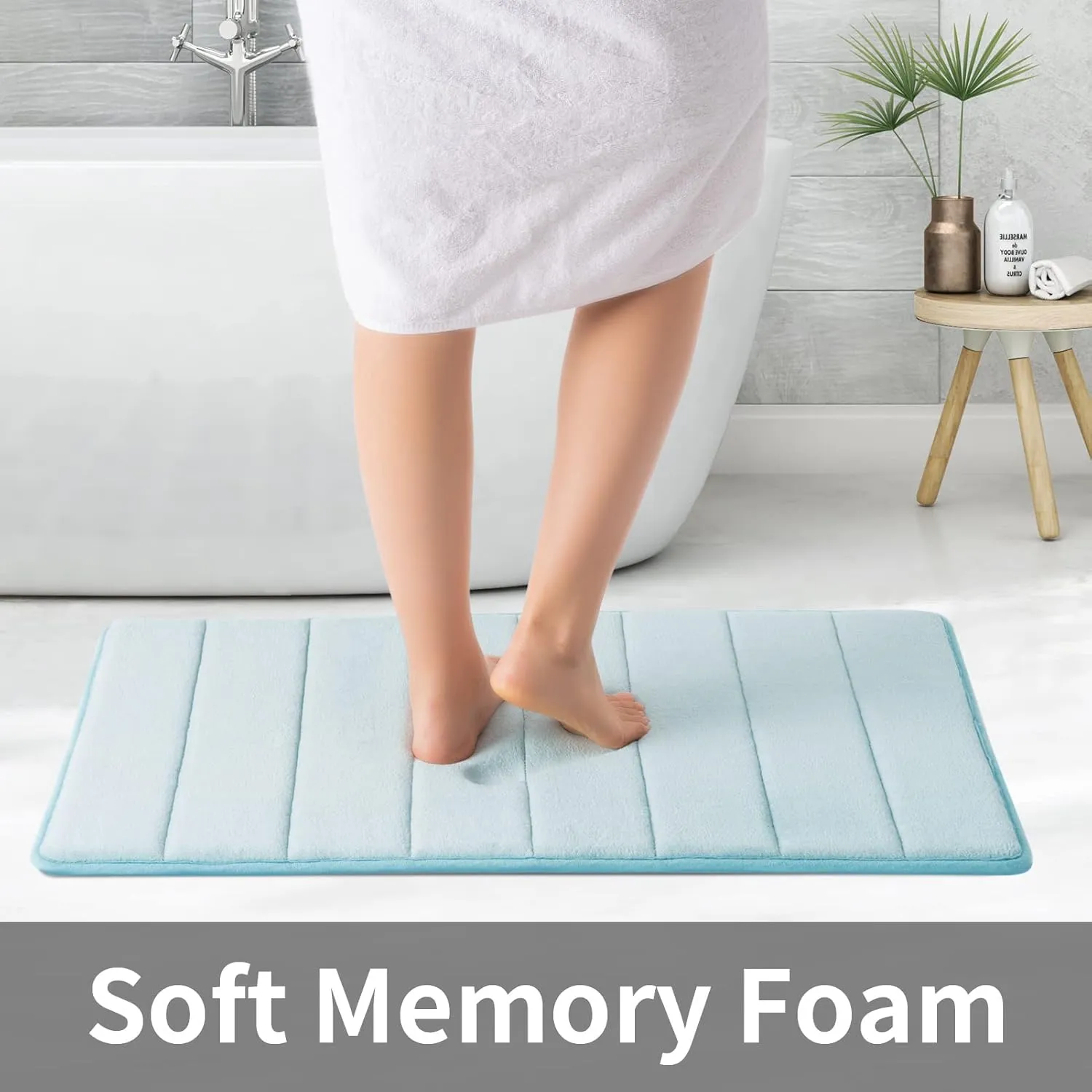 ROSMARUS Memory Foam Bath Mat - 20' x 32', Water Absorbent Shower Mat, Thick Non Slip Bath Rugs with PVC Backing, Ultra Soft for Bathroom Floor & Tub, Aqua Blue