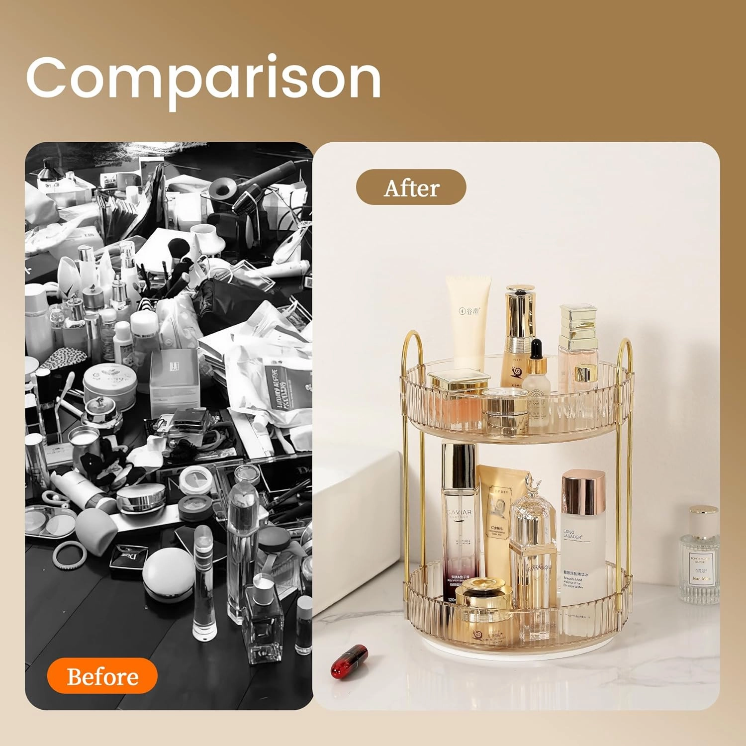 Rotating Makeup Organizer for Vanity 2 Tier,(Gold)