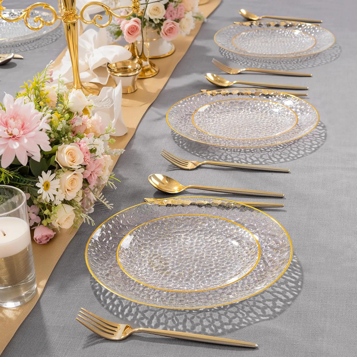 Rubtlamp 60Pcs Clear Gold Plastic Plates, Gold Glitter Disposable Plates, Hammered Plastic Plates Included 30 Dinner Plate And 30 Dessert Plate for Weddings Party Birthday
