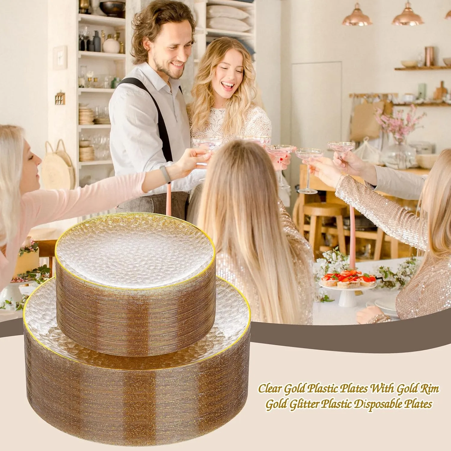 Rubtlamp 60Pcs Clear Gold Plastic Plates, Gold Glitter Disposable Plates, Hammered Plastic Plates Included 30 Dinner Plate And 30 Dessert Plate for Weddings Party Birthday