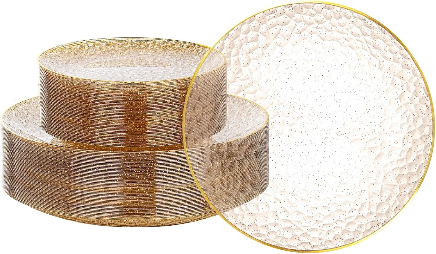 Rubtlamp 60Pcs Clear Gold Plastic Plates, Gold Glitter Disposable Plates, Hammered Plastic Plates Included 30 Dinner Plate And 30 Dessert Plate for Weddings Party Birthday