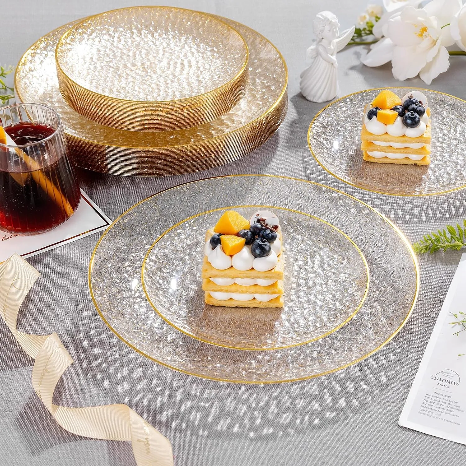 Rubtlamp 60Pcs Clear Gold Plastic Plates, Gold Glitter Disposable Plates, Hammered Plastic Plates Included 30 Dinner Plate And 30 Dessert Plate for Weddings Party Birthday