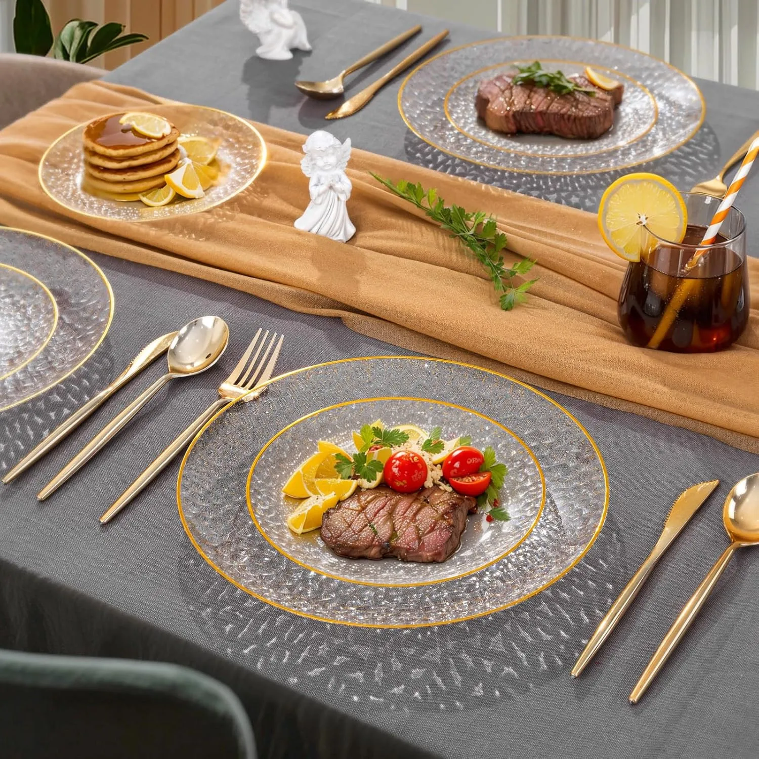 Rubtlamp 60Pcs Clear Gold Plastic Plates, Gold Glitter Disposable Plates, Hammered Plastic Plates Included 30 Dinner Plate And 30 Dessert Plate for Weddings Party Birthday
