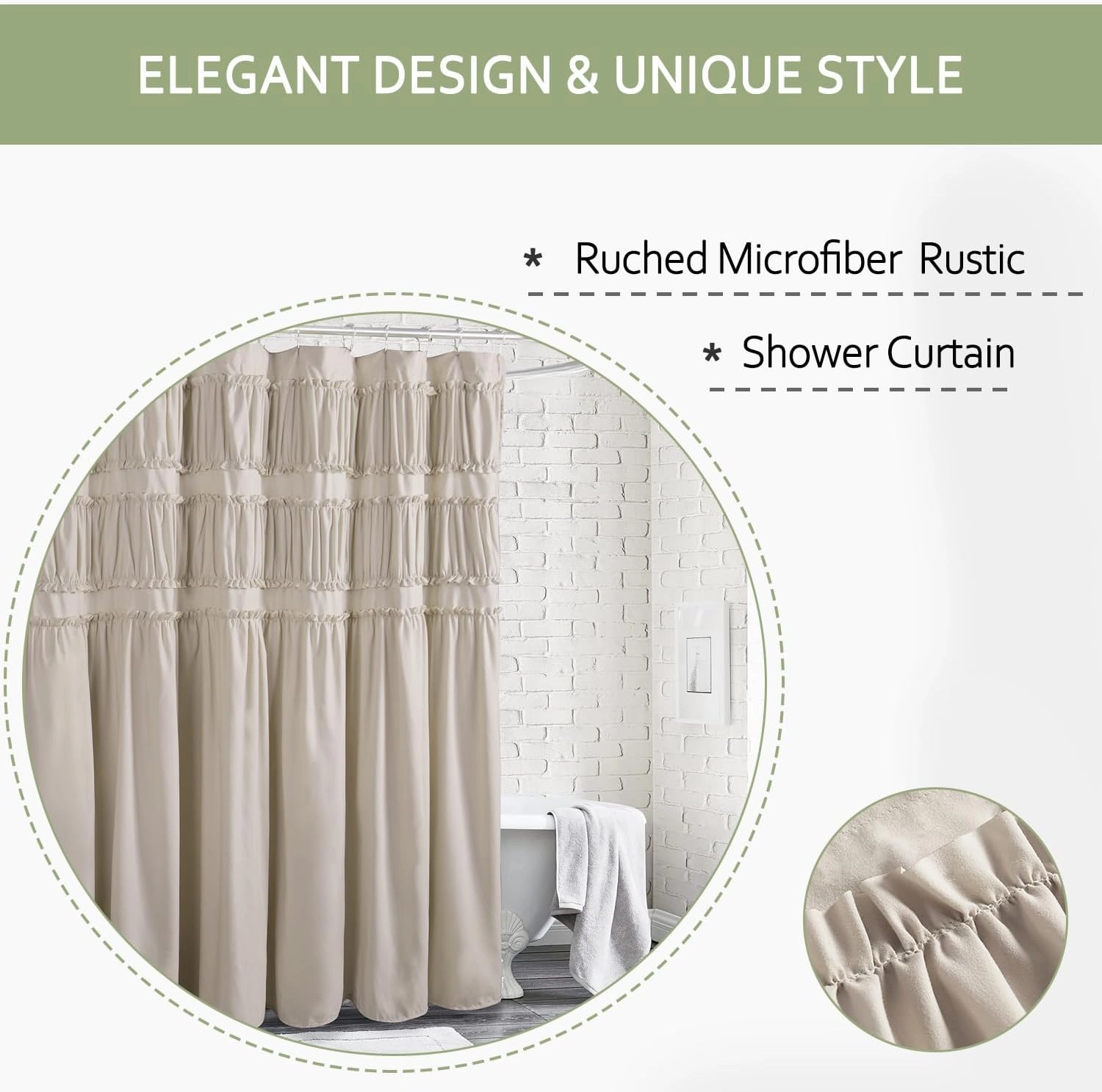 Ruched Ruffled Shower Curtain 72" W x 72" H, Beige Microfiber Rustic Decorative Bath Curtain for Bathroom, Farmhouse and Boho Bathroom Décor, Machine Washable (LQ-38)