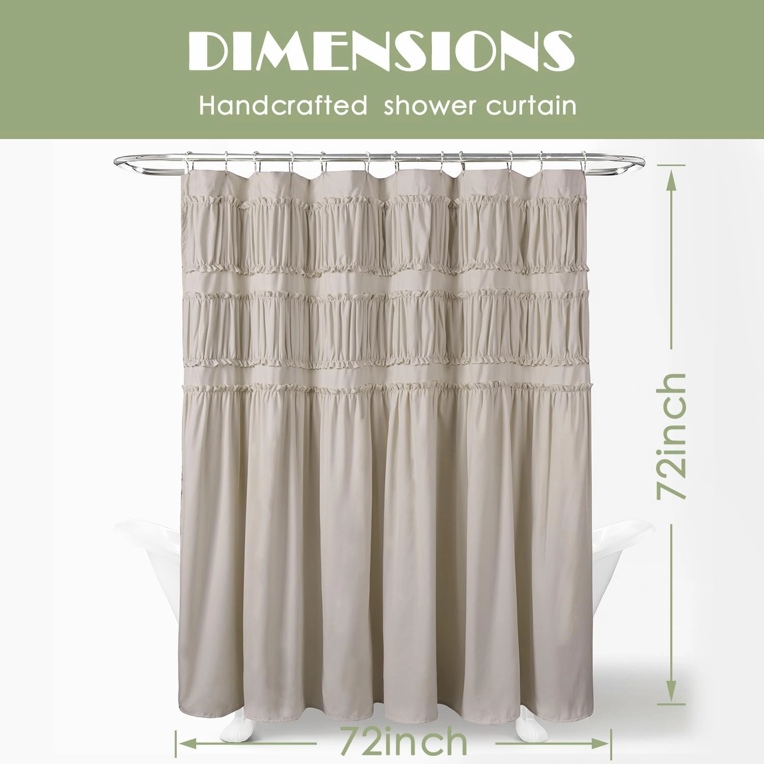 Ruched Ruffled Shower Curtain 72" W x 72" H, Beige Microfiber Rustic Decorative Bath Curtain for Bathroom, Farmhouse and Boho Bathroom Décor, Machine Washable (LQ-38)