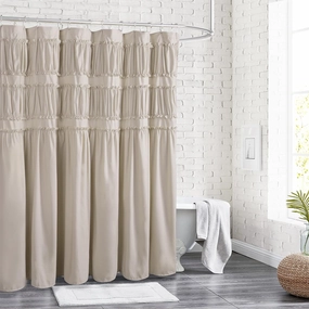 Ruched Ruffled Shower Curtain 72" W x 72" H, Beige Microfiber Rustic Decorative Bath Curtain for Bathroom, Farmhouse and Boho Bathroom Décor, Machine Washable (LQ-38)