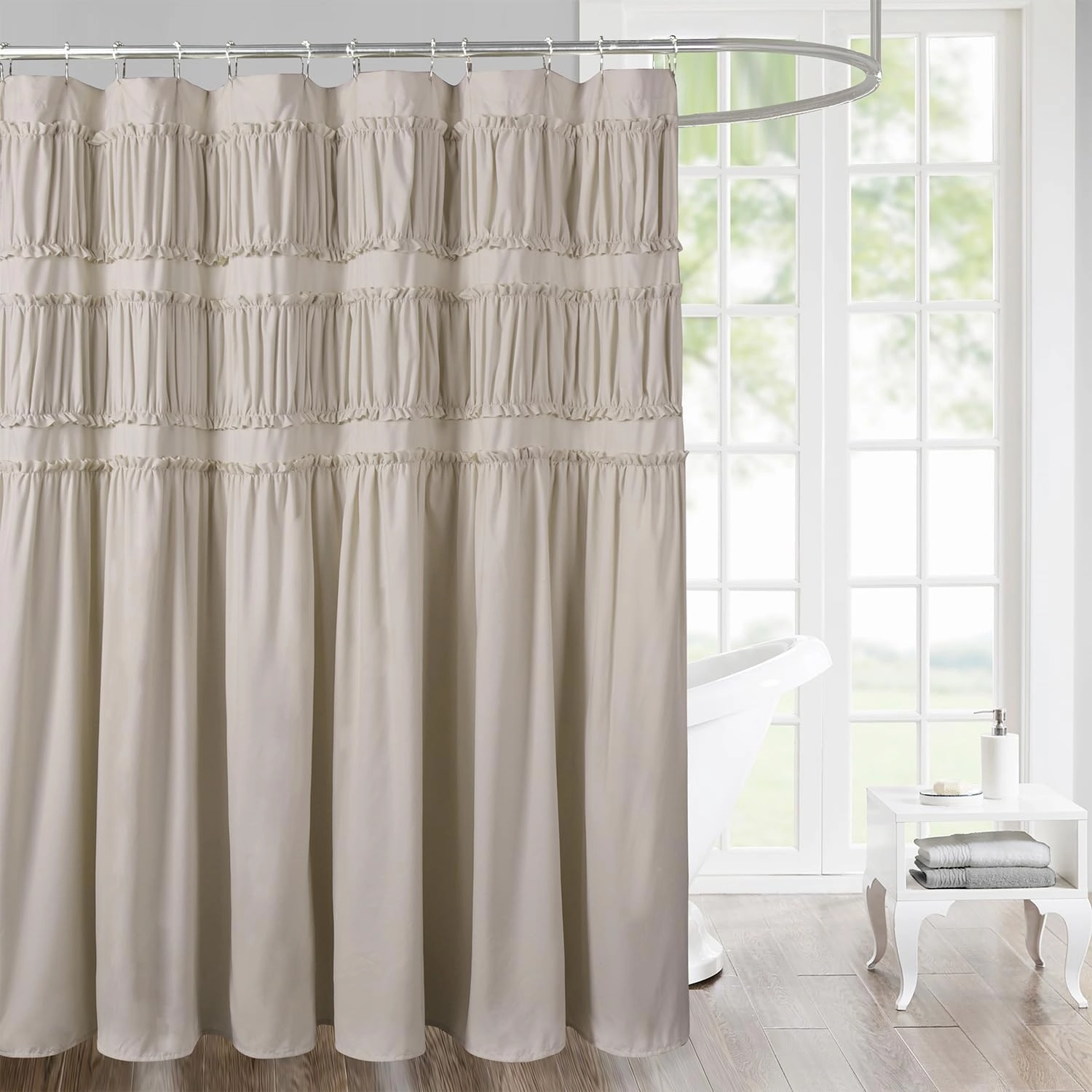 Ruched Ruffled Shower Curtain 72" W x 72" H, Beige Microfiber Rustic Decorative Bath Curtain for Bathroom, Farmhouse and Boho Bathroom Décor, Machine Washable (LQ-38)