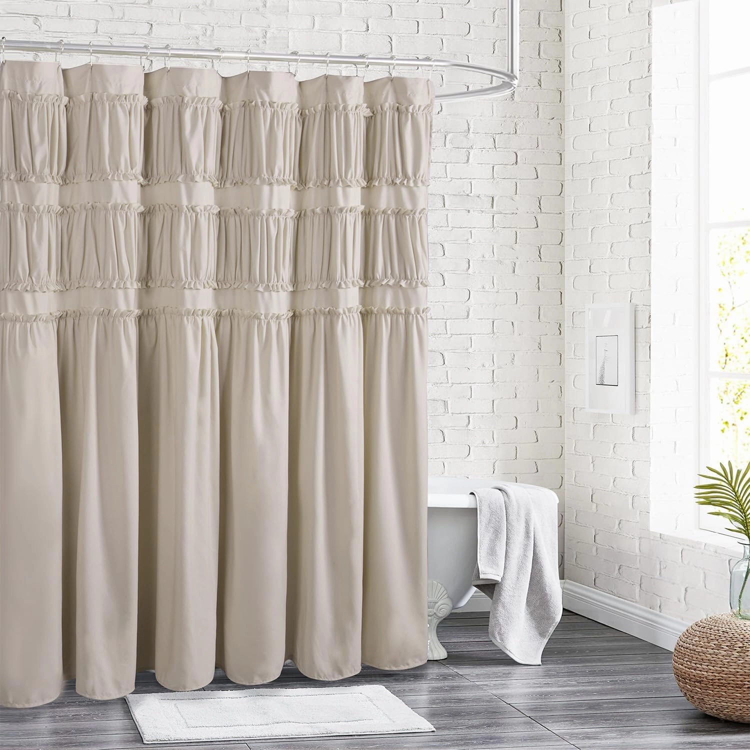 Ruched Ruffled Shower Curtain 72" W x 72" H, Beige Microfiber Rustic Decorative Bath Curtain for Bathroom, Farmhouse and Boho Bathroom Décor, Machine Washable (LQ-38)