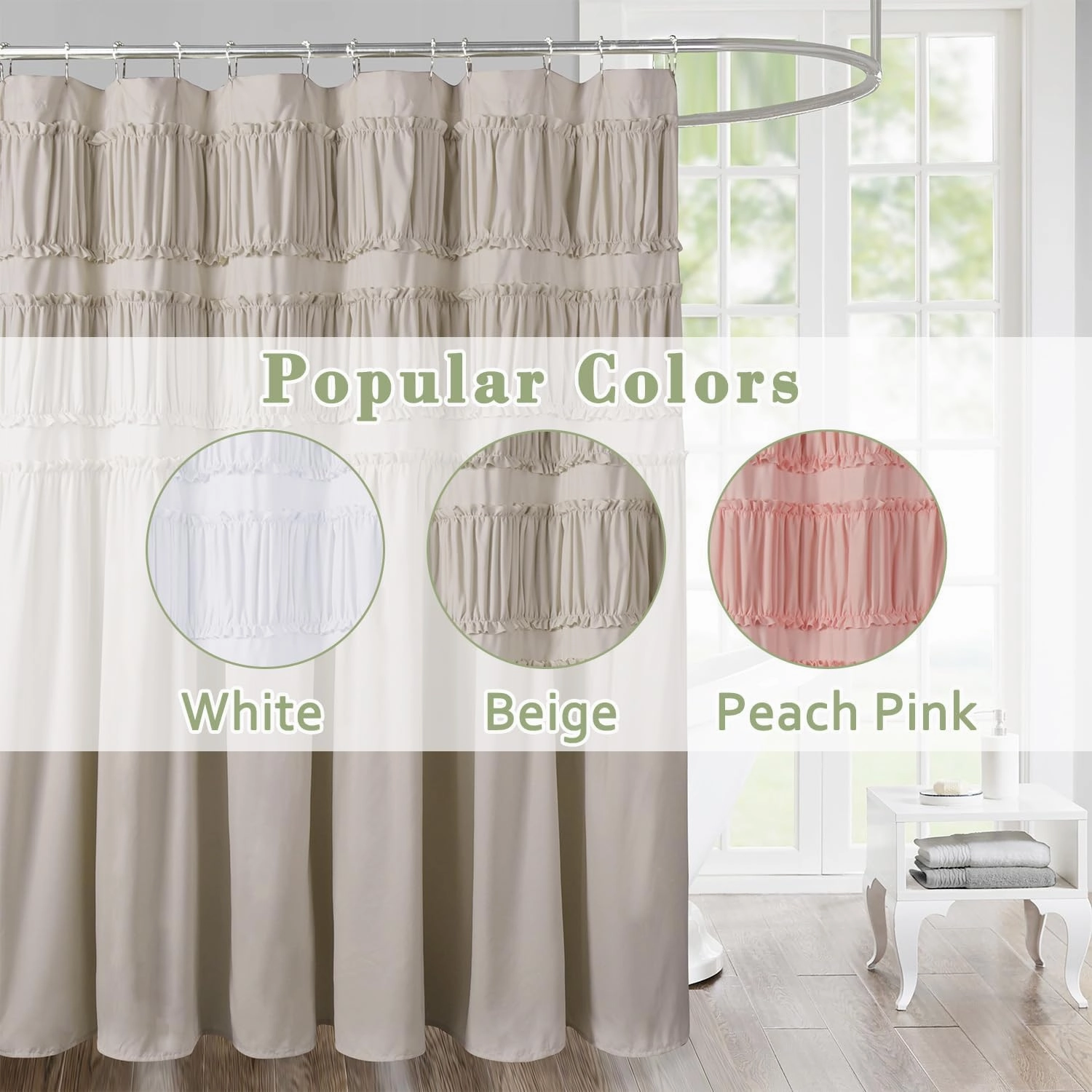 Ruched Ruffled Shower Curtain 72" W x 72" H, Beige Microfiber Rustic Decorative Bath Curtain for Bathroom, Farmhouse and Boho Bathroom Décor, Machine Washable (LQ-38)