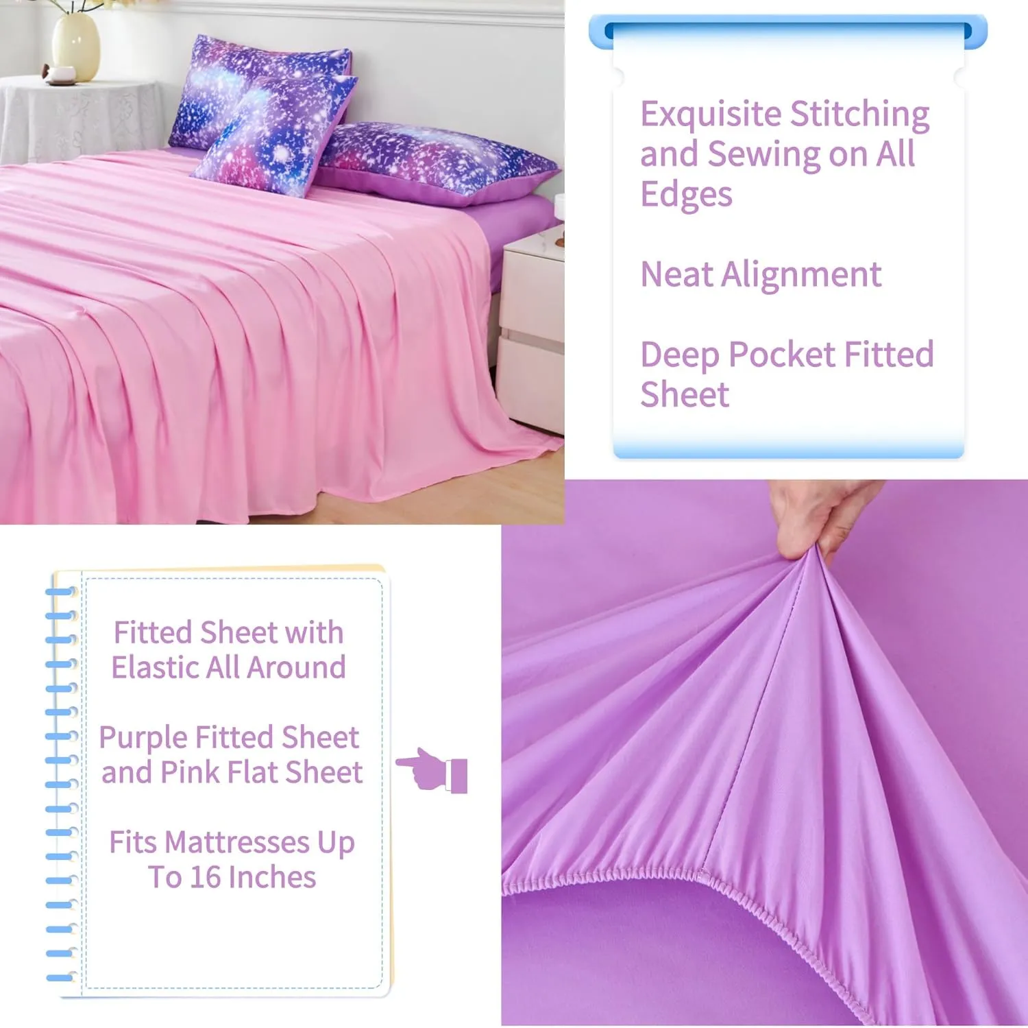 RYNGHIPY 6Pcs Girls Bedding Set Queen Size Purple Rainbow Comforter Set for Kids Teens Girls Glitter Bed in a Bag Lightweight Fluffy