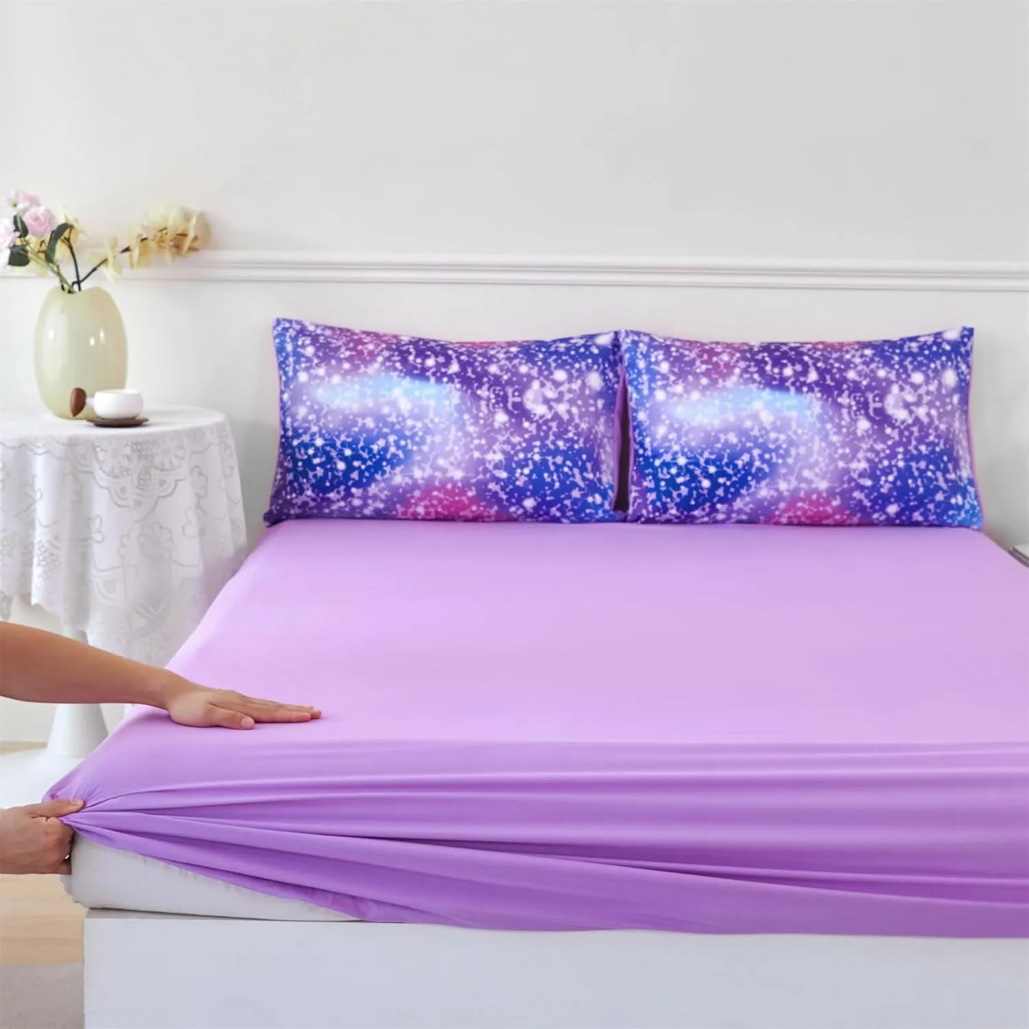 RYNGHIPY 6Pcs Girls Bedding Set Queen Size Purple Rainbow Comforter Set for Kids Teens Girls Glitter Bed in a Bag Lightweight Fluffy