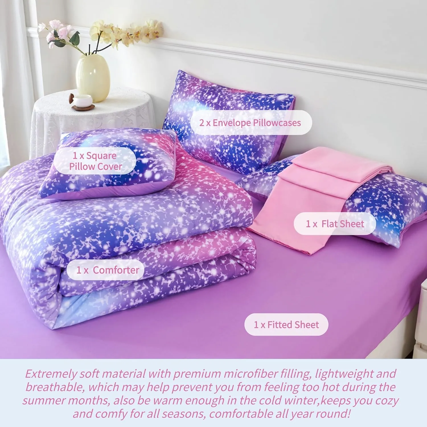 RYNGHIPY 6Pcs Girls Bedding Set Queen Size Purple Rainbow Comforter Set for Kids Teens Girls Glitter Bed in a Bag Lightweight Fluffy