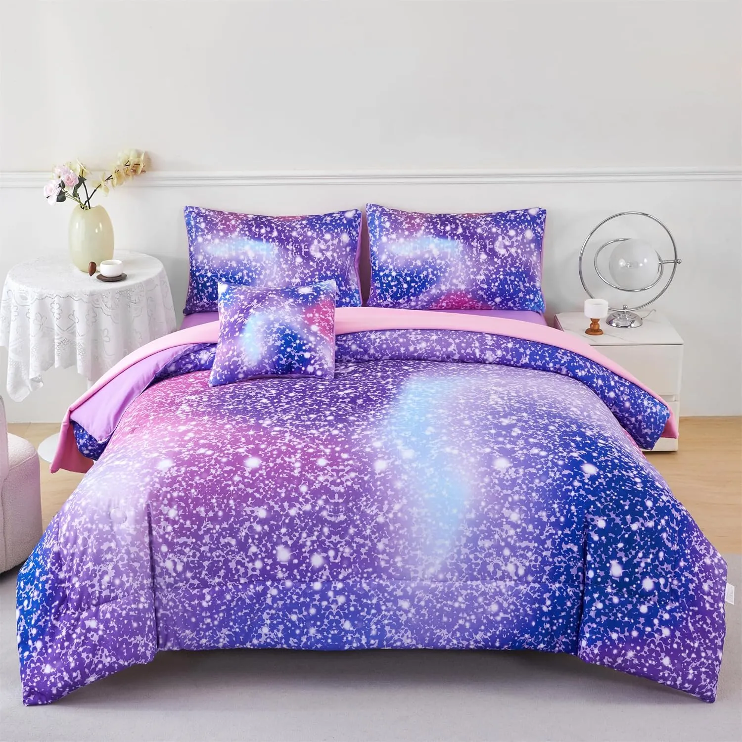 RYNGHIPY 6Pcs Girls Bedding Set Queen Size Purple Rainbow Comforter Set for Kids Teens Girls Glitter Bed in a Bag Lightweight Fluffy