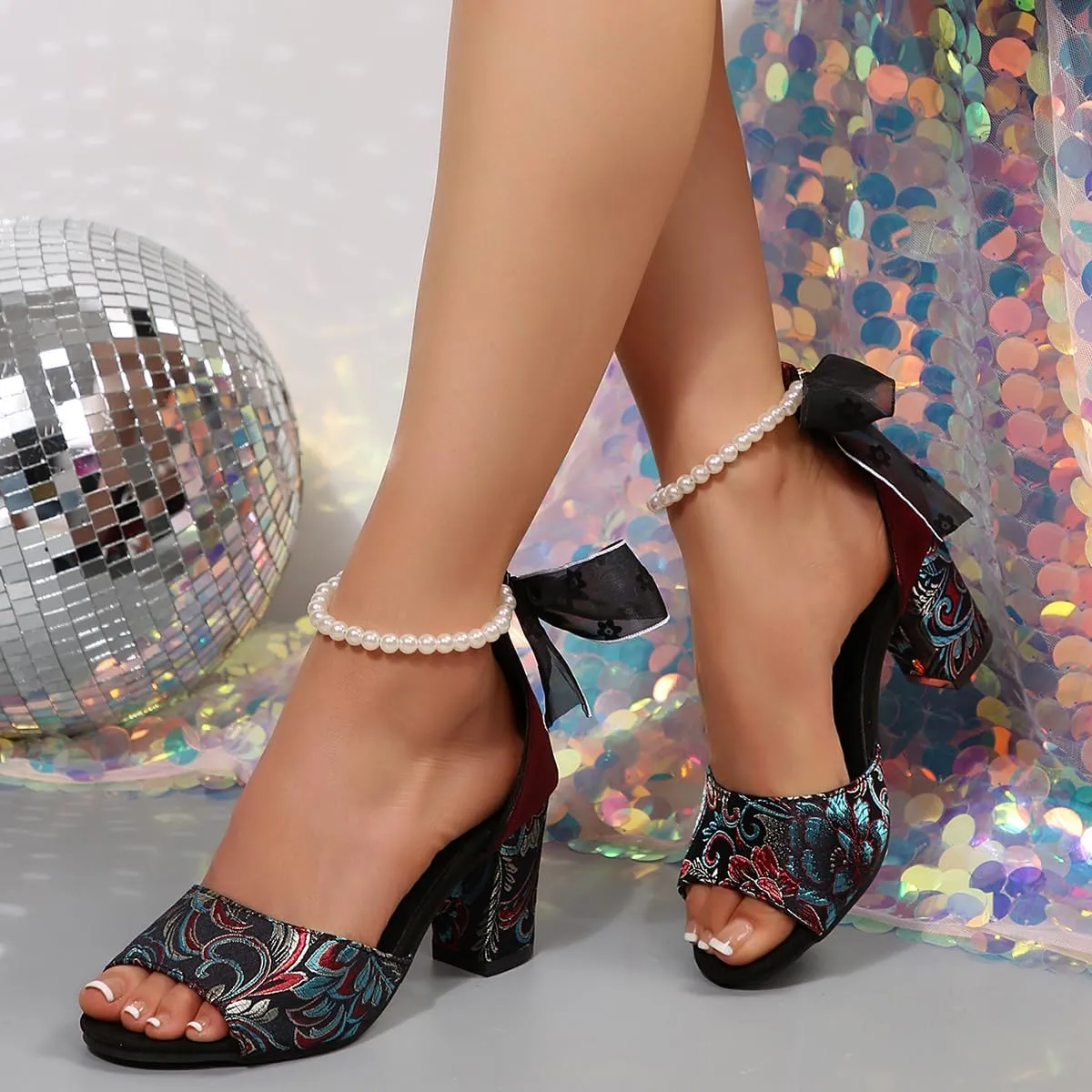 SACFOF Women's Chunky Low Heel Pump Sandals Peep Toe Ankle Strap Pearl Dress Wedding Party Evening Shoes Sandals