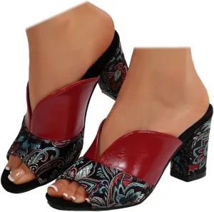 SACFOF Women's Open Toe Heeled Sandals Vintage Prints Mules Low Block Chunky Heeled Sandal Casual Dress Pumps Shoes