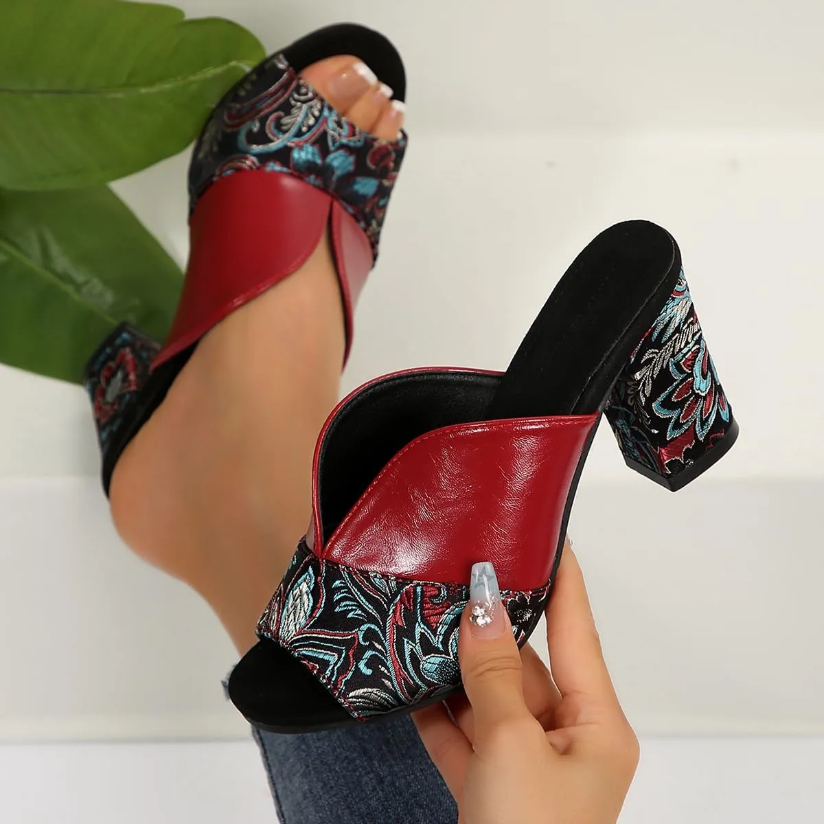SACFOF Women's Open Toe Heeled Sandals Vintage Prints Mules Low Block Chunky Heeled Sandal Casual Dress Pumps Shoes