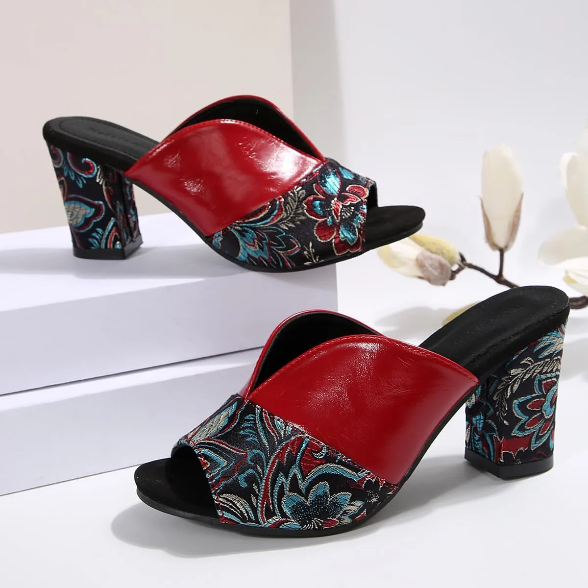 SACFOF Women's Open Toe Heeled Sandals Vintage Prints Mules Low Block Chunky Heeled Sandal Casual Dress Pumps Shoes