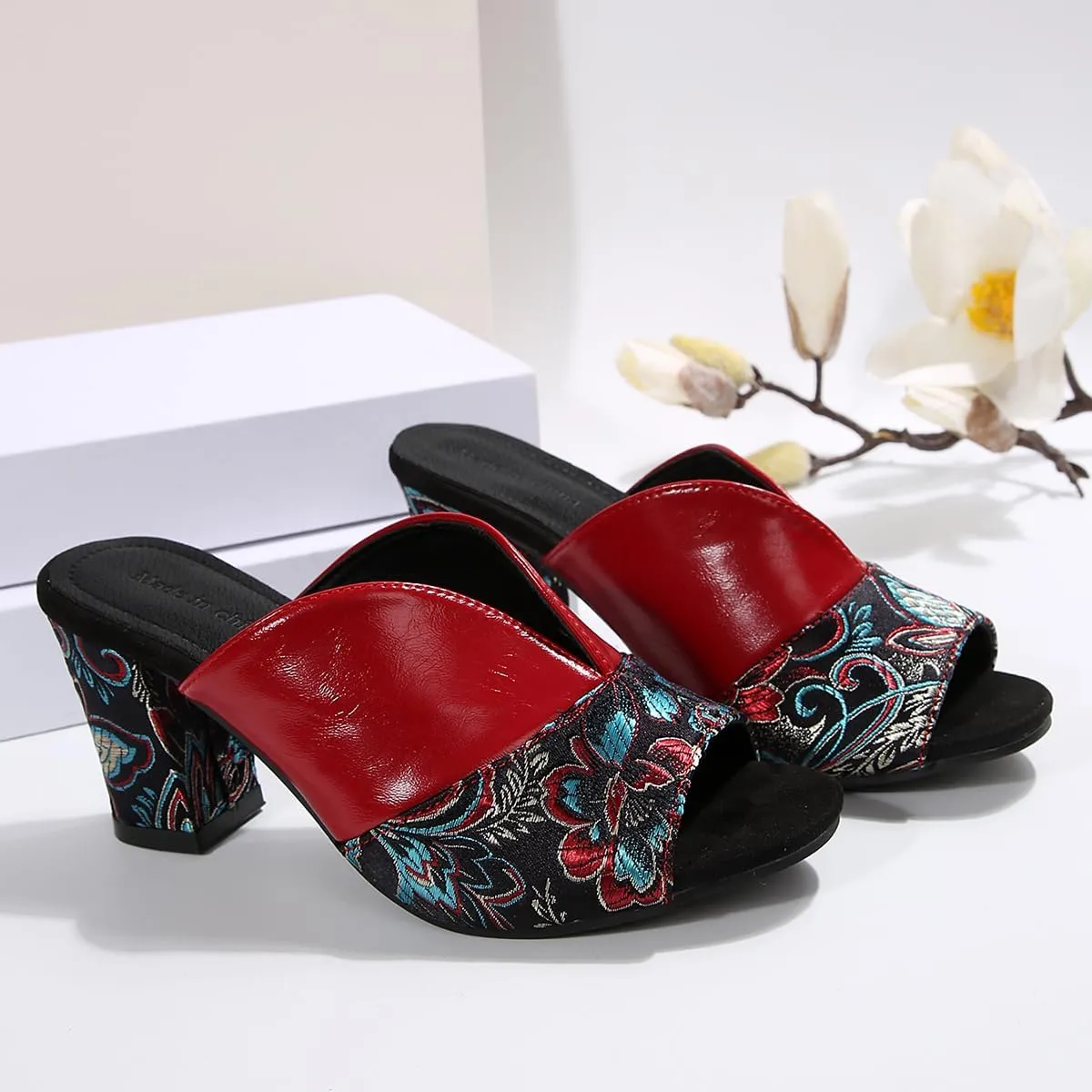 SACFOF Women's Open Toe Heeled Sandals Vintage Prints Mules Low Block Chunky Heeled Sandal Casual Dress Pumps Shoes