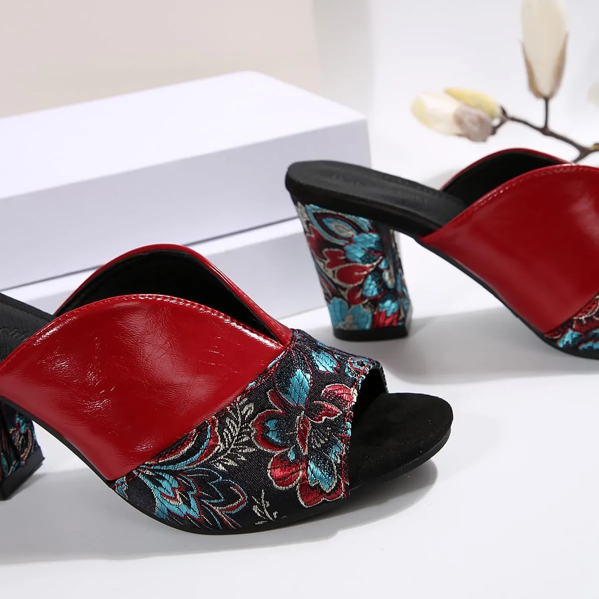 SACFOF Women's Open Toe Heeled Sandals Vintage Prints Mules Low Block Chunky Heeled Sandal Casual Dress Pumps Shoes