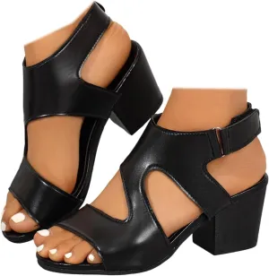 SACFOF Women's Peep Toe Ankle Booties Cut Out Chunky Block Heeled Sandals Buckle Ankle Strap Dressy Sandals
