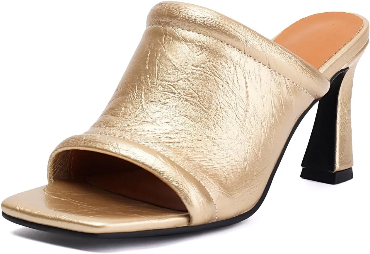 SACFOF Women's Square Open Toe Heels Sandals Low Block Chunky Heeled Sandal Slip on Mules Comfortable Dress Pumps Shoes