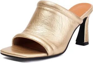 SACFOF Women's Square Open Toe Heels Sandals Low Block Chunky Heeled Sandal Slip on Mules Comfortable Dress Pumps Shoes