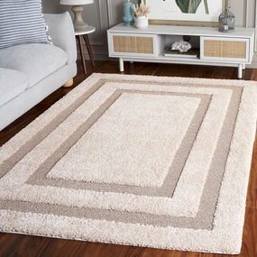 Safavieh Florida Shag Collection Accent Rug - 4' x 6', Beige & Dark Beige, Border Design, 1.2-inch Thick, Ideal for The Living Room, Dining, Bedroom (SG454)