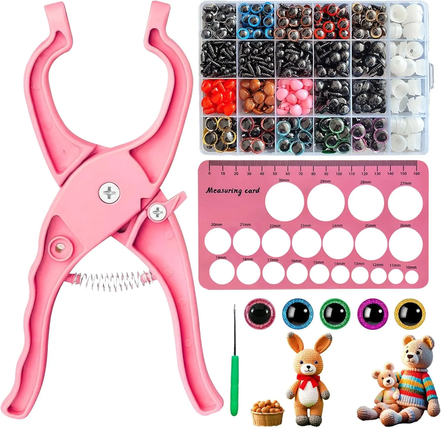 Safety Eye Tool Kit for Amigurumi & Crochet-1150PCS 3D Glitter Safety Eyes,5-30mm Stuffed Animals Safety Eyes Doll Making Supplies,Safety Eye 10-30mm Sizer Tool,Ergonomic Design for Crafting (Pink)