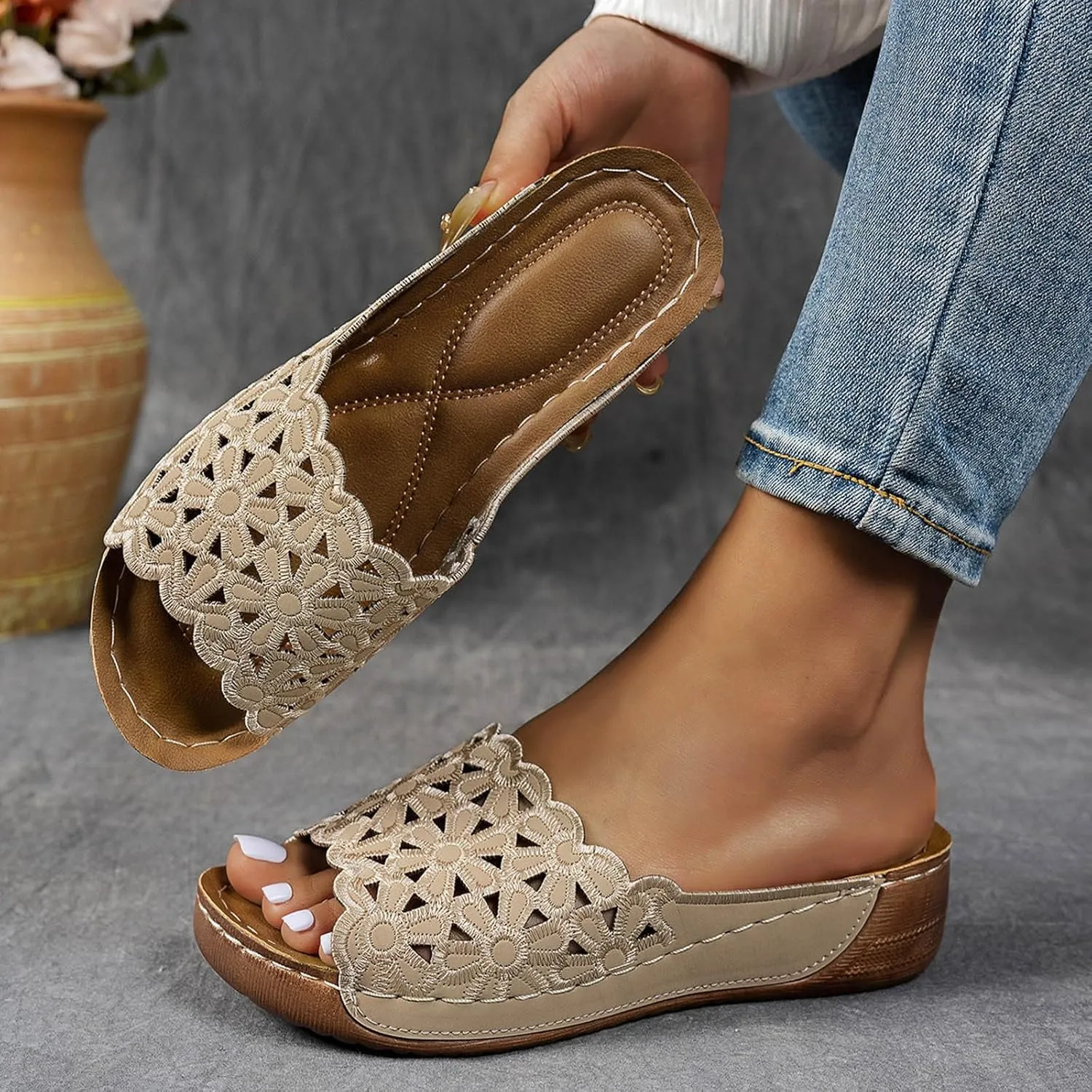 Sandals for Women 2025 Summer Orthopedic Wedge Slippers Comfortable Soft Cushion Slide Sandals Elegant Flowers Hollow Out Beach Shoes for Walking Shopping Swimming
