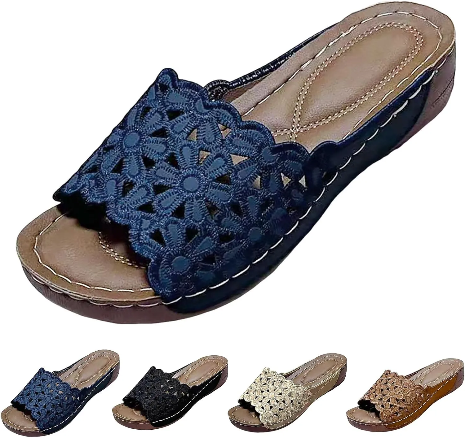 Sandals for Women 2025 Summer Orthopedic Wedge Slippers Comfortable Soft Cushion Slide Sandals Elegant Flowers Hollow Out Beach Shoes for Walking Shopping Swimming