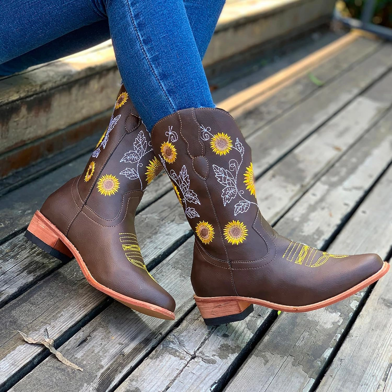 SBGMoSJ Cowboy Boots Women Size 9 with Sunflowers Western Booties Women Ankle Boots Wide Knee Boots for Women Wide Calf with Heel Womens Black Cowgirl Boots Wide Calf Womens Suede Boots Mid Calf Wide