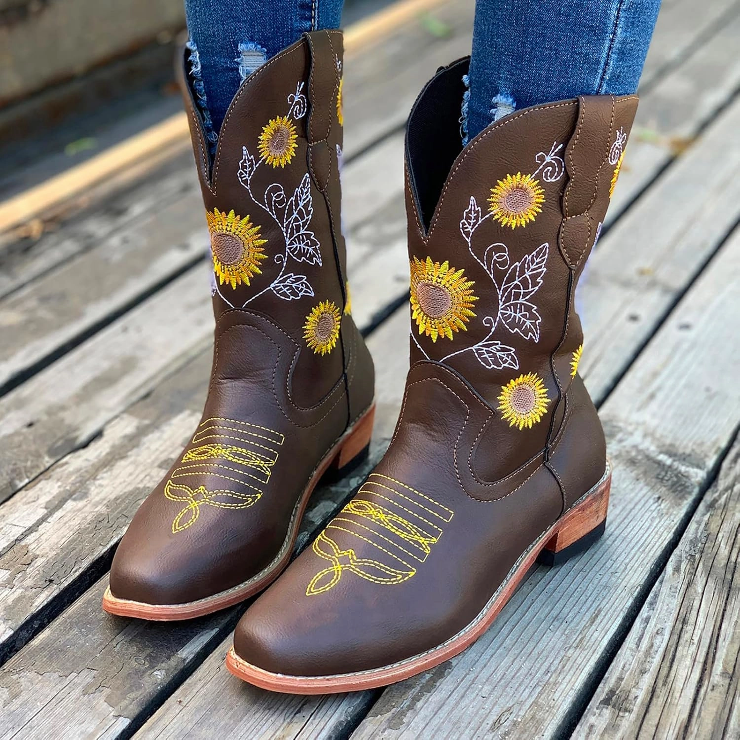 SBGMoSJ Cowboy Boots Women Size 9 with Sunflowers Western Booties Women Ankle Boots Wide Knee Boots for Women Wide Calf with Heel Womens Black Cowgirl Boots Wide Calf Womens Suede Boots Mid Calf Wide