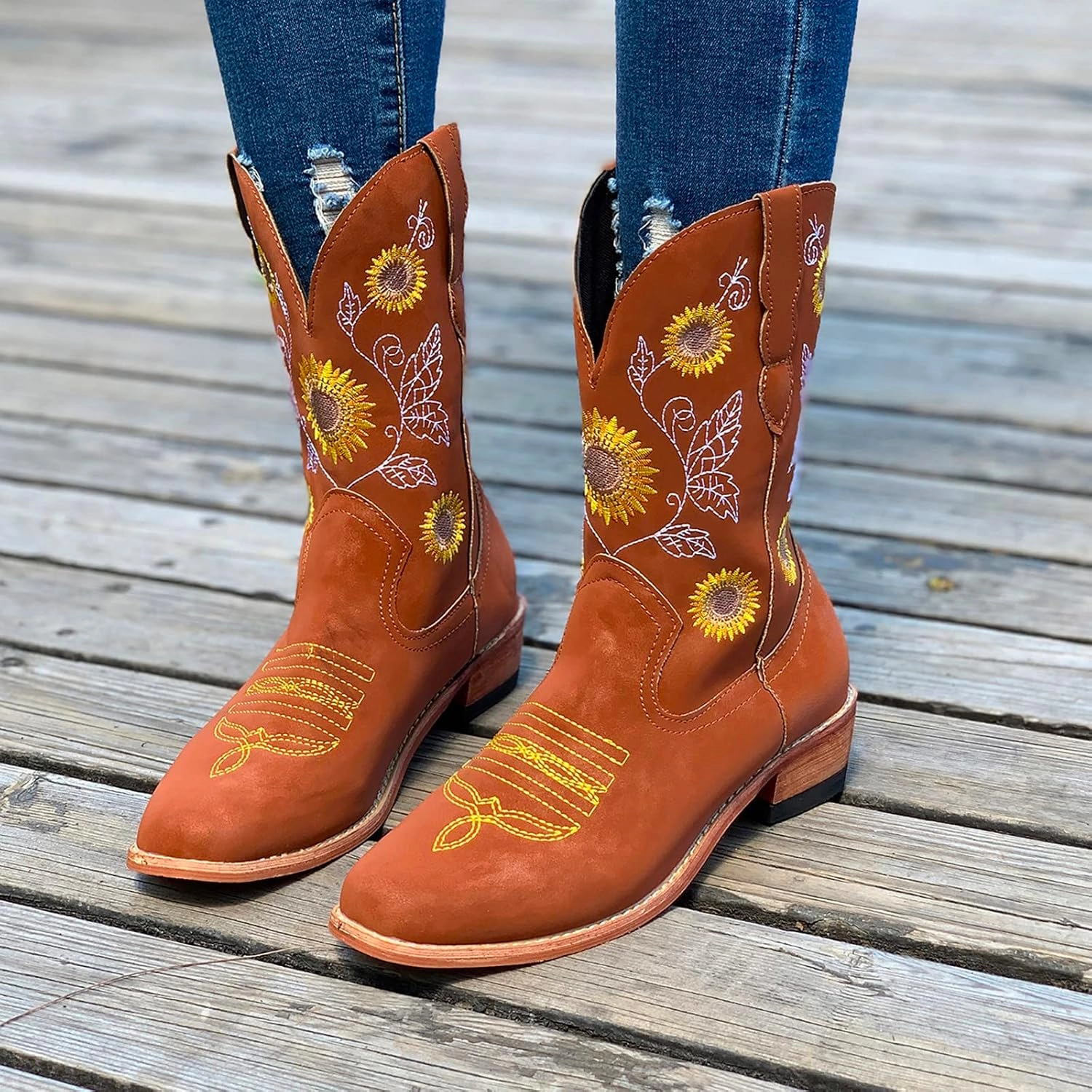 SBGMoSJ Cowboy Boots Women Size 9 with Sunflowers Western Booties Women Ankle Boots Wide Knee Boots for Women Wide Calf with Heel Womens Black Cowgirl Boots Wide Calf Womens Suede Boots Mid Calf Wide