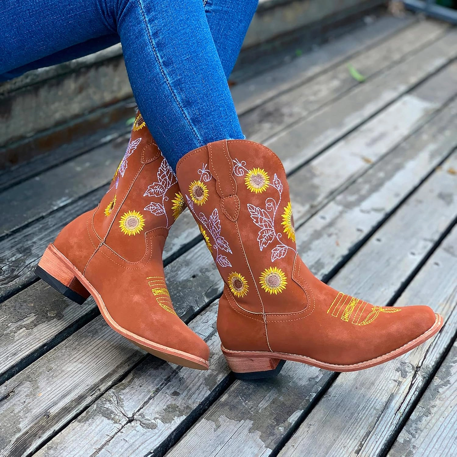 SBGMoSJ Cowboy Boots Women Size 9 with Sunflowers Western Booties Women Ankle Boots Wide Knee Boots for Women Wide Calf with Heel Womens Black Cowgirl Boots Wide Calf Womens Suede Boots Mid Calf Wide