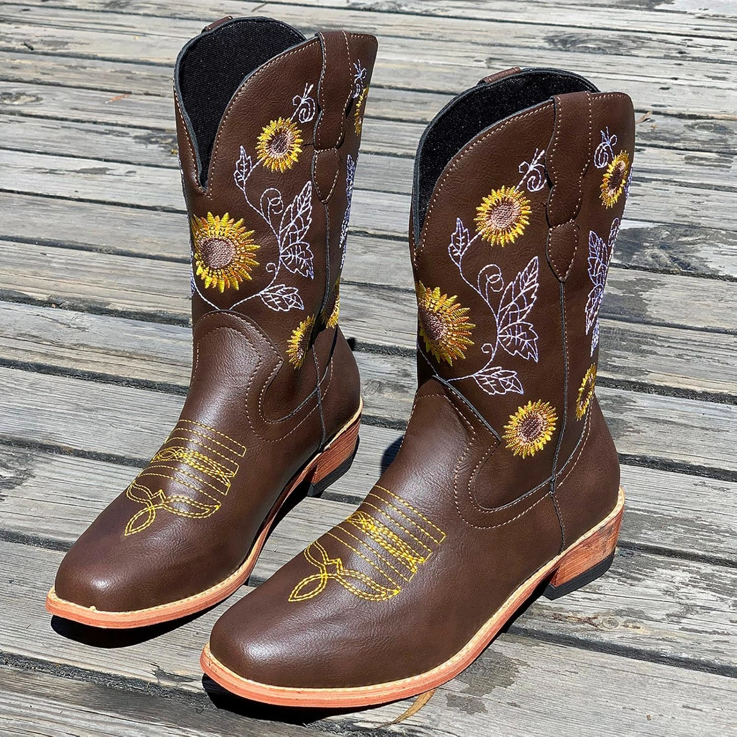 SBGMoSJ Cowboy Boots Women Size 9 with Sunflowers Western Booties Women Ankle Boots Wide Knee Boots for Women Wide Calf with Heel Womens Black Cowgirl Boots Wide Calf Womens Suede Boots Mid Calf Wide
