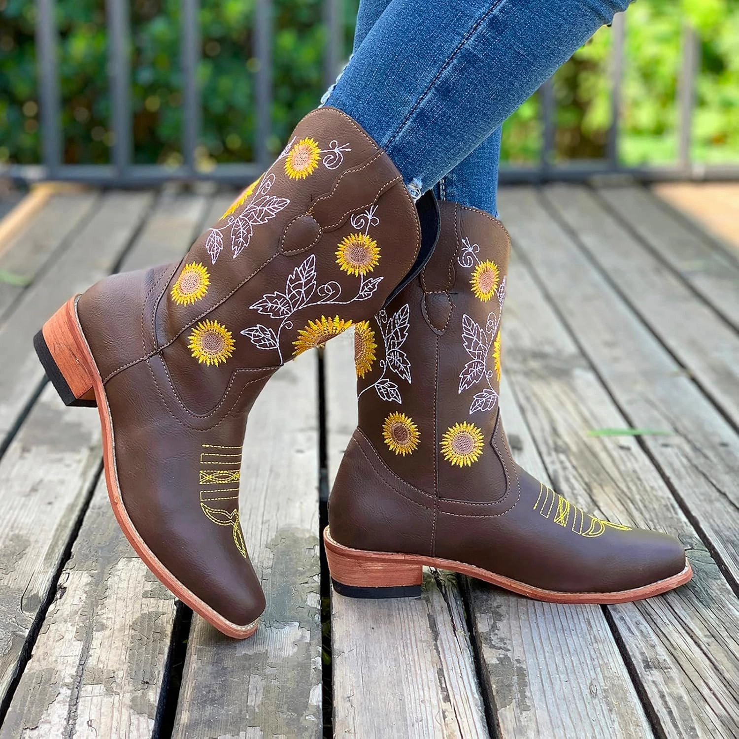 SBGMoSJ Cowboy Boots Women Size 9 with Sunflowers Western Booties Women Ankle Boots Wide Knee Boots for Women Wide Calf with Heel Womens Black Cowgirl Boots Wide Calf Womens Suede Boots Mid Calf Wide