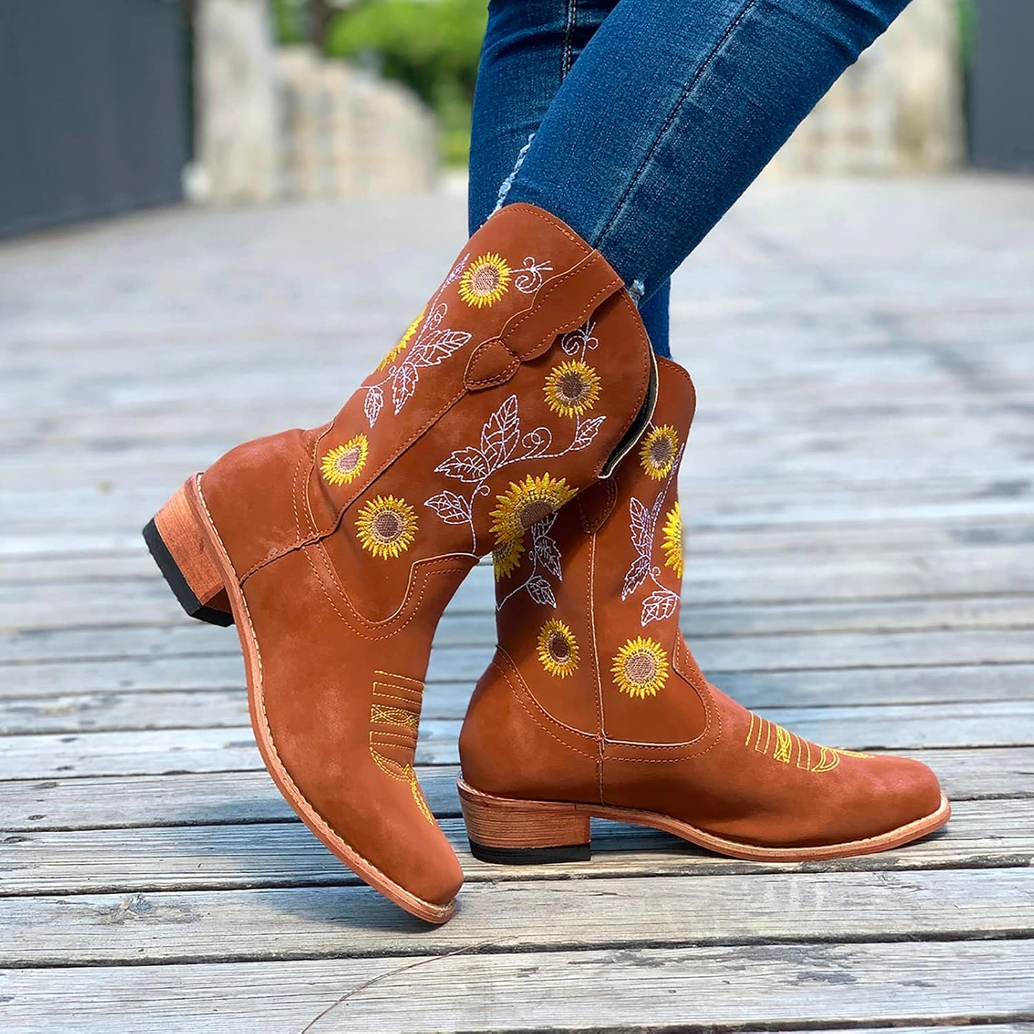 SBGMoSJ Cowboy Boots Women Size 9 with Sunflowers Western Booties Women Ankle Boots Wide Knee Boots for Women Wide Calf with Heel Womens Black Cowgirl Boots Wide Calf Womens Suede Boots Mid Calf Wide