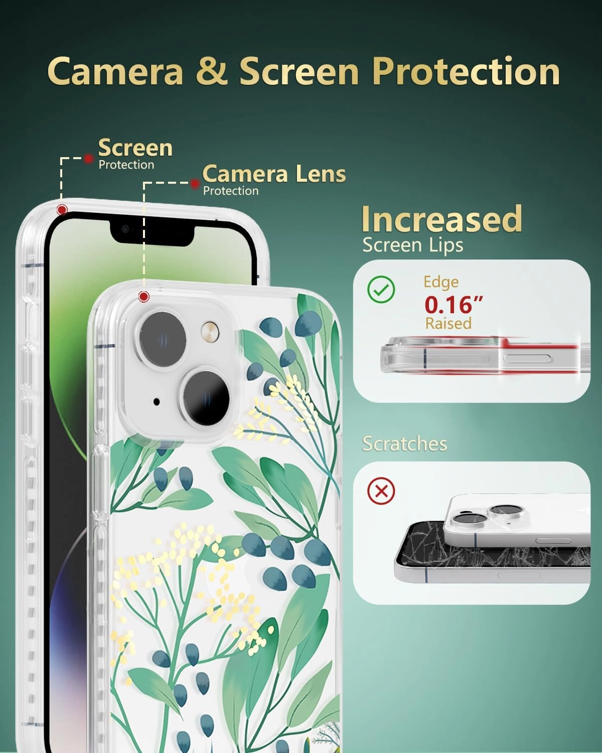 SCORPIFY for iPhone 14 Case with Summer Meadow Floral Design, Cute Clear Flower Phone Cover for Women Girls, [Non Yellowing] Slim Shockproof Bumper with Gold Accents