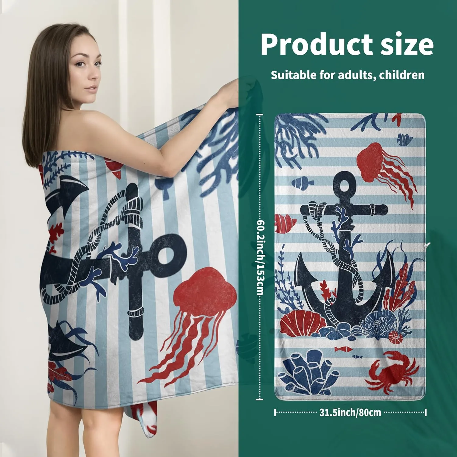 Sea Anchor Beach Bath Towel Blue Stripes Bath Sheet Nautical Art Coral Fleece Towel for Bathroom Gym