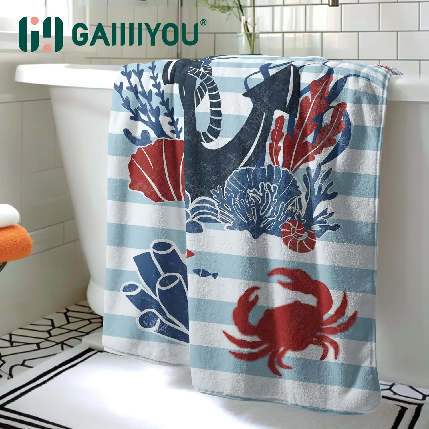 Sea Anchor Beach Bath Towel Blue Stripes Bath Sheet Nautical Art Coral Fleece Towel for Bathroom Gym