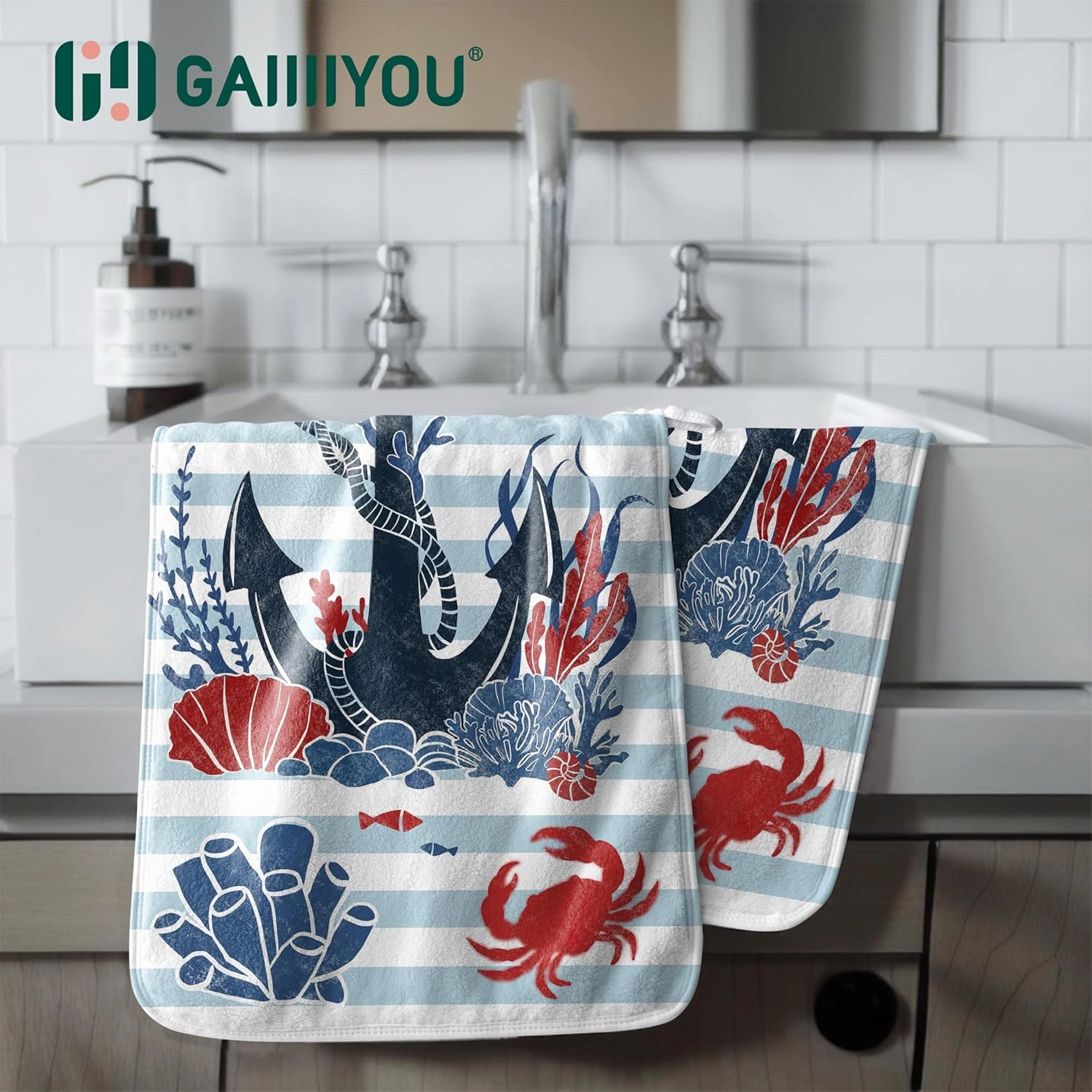 Sea Anchor Beach Hand Towel Blue Stripes Kitchen Towels Nautical Art Coral Fleece Towel for Bathroom Gym